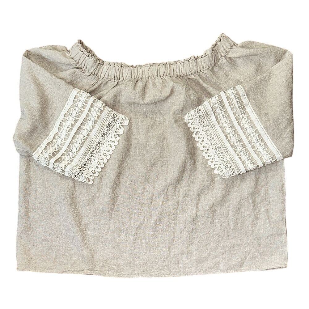 Ella Rafaella Linen Blend Off-The-Shoulder Lace Cuff Tan Peasant Top XL